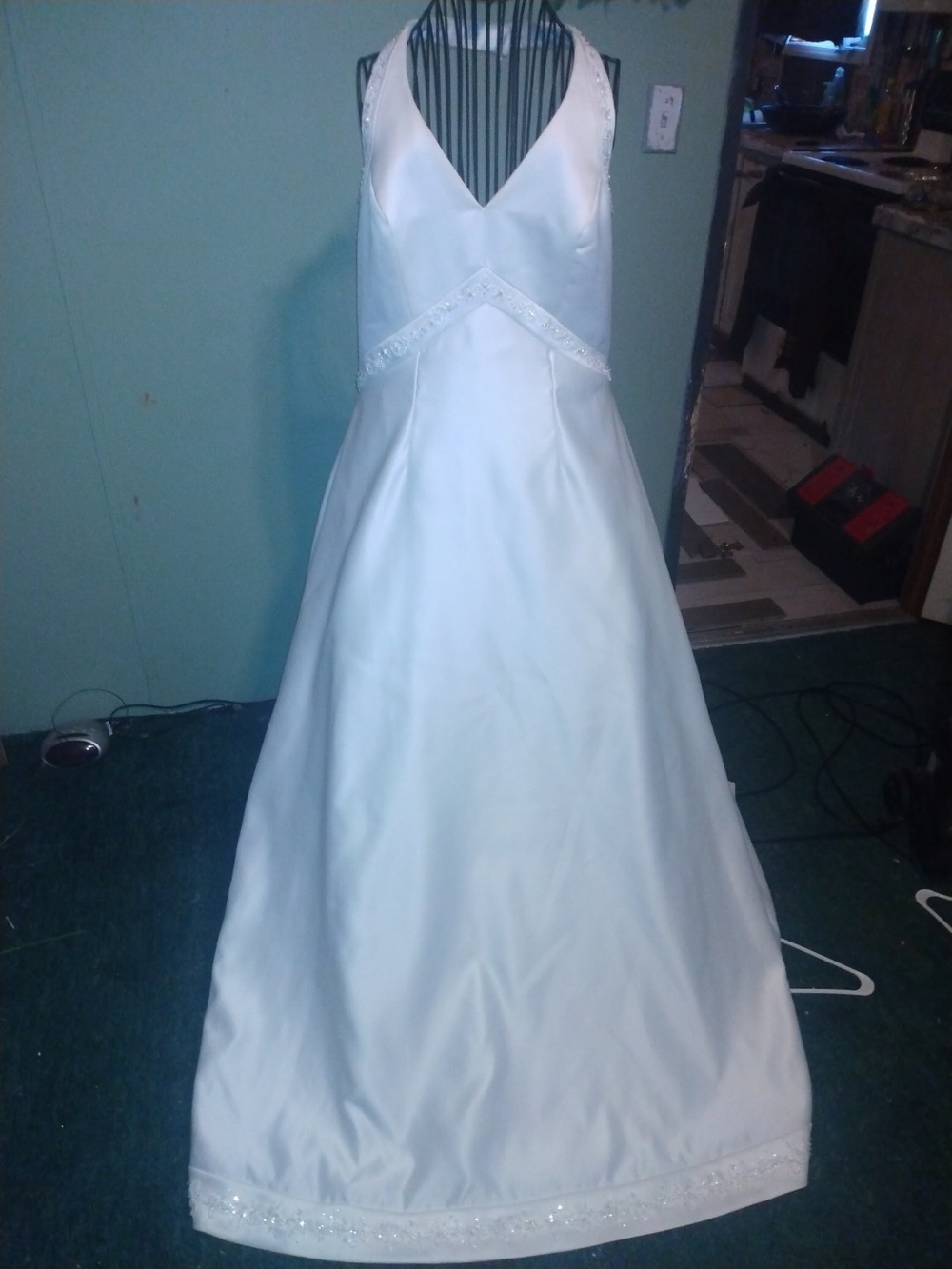 David's Bridal White Satin V-Neck A-Line Wedding Gown